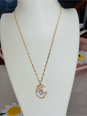 Gold Crescent Dolphin Crystal Pendant Necklace - Women Jewelry-NWOT